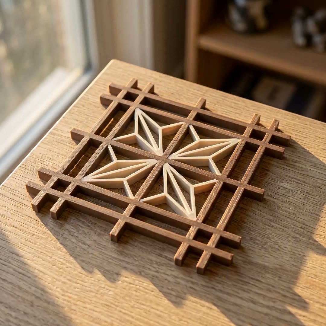 The same coaster photographed on an oak table in window light