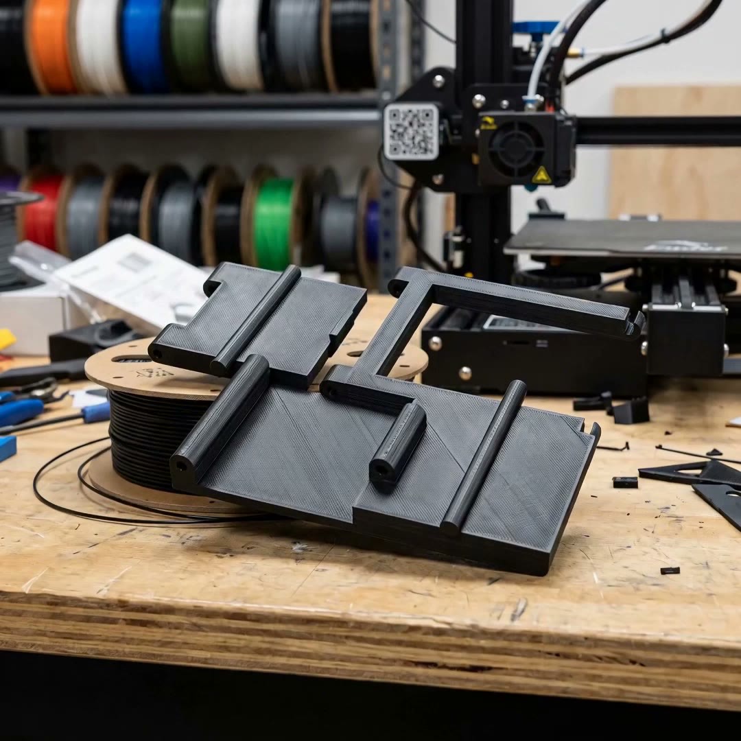 A black printed clamp on a workshop bench, with filament spools and a printer behind it